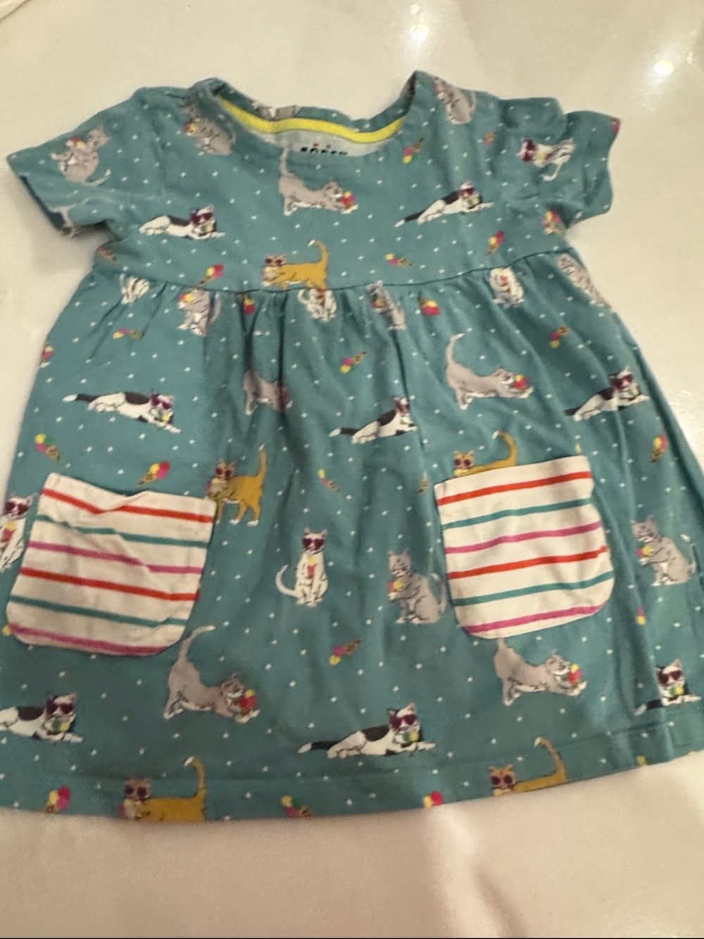Mini Boden Teal Cat Print Short Sleeve tunic with Striped Pockets